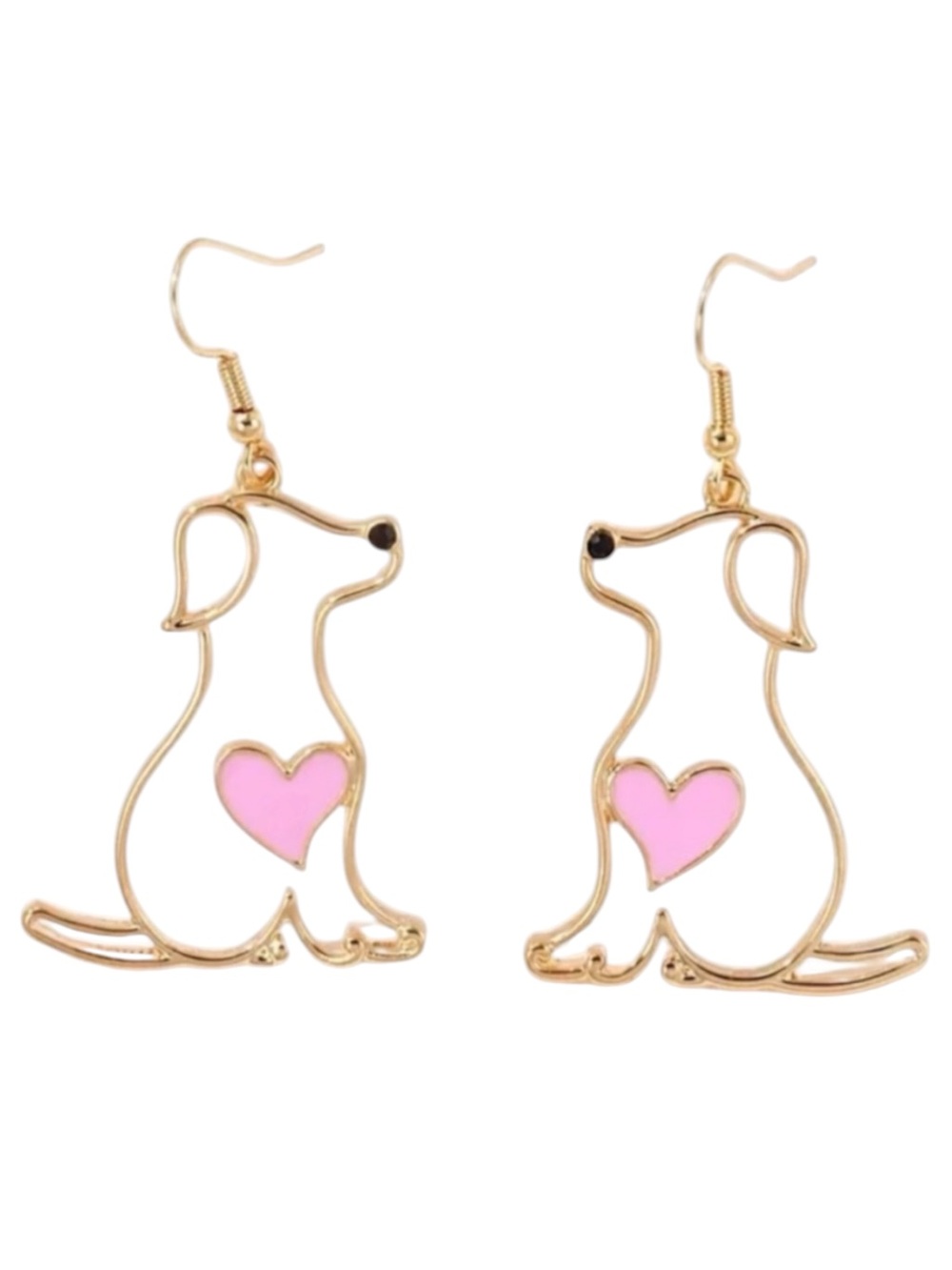 Puppy Dog & Pink Heart Gold Dangle Earrings Sweet Romantic Gift 
C3